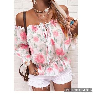 NWT Sheilay Floral Print Chiffon Off the Shoulder Blouse Size S
